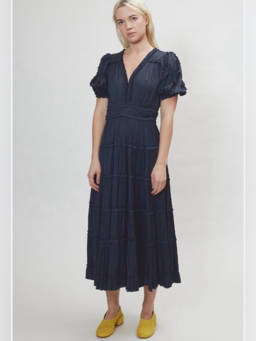 Lula Johnson Olivia Puff-Sleeve Plisse Ruffle Midi Dress Size 8